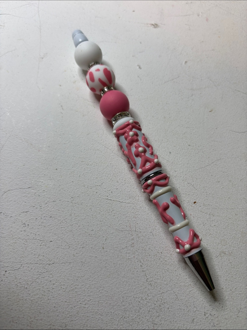 Pink and White Decorative Beaded Pen - Stylish Home Office Accessory